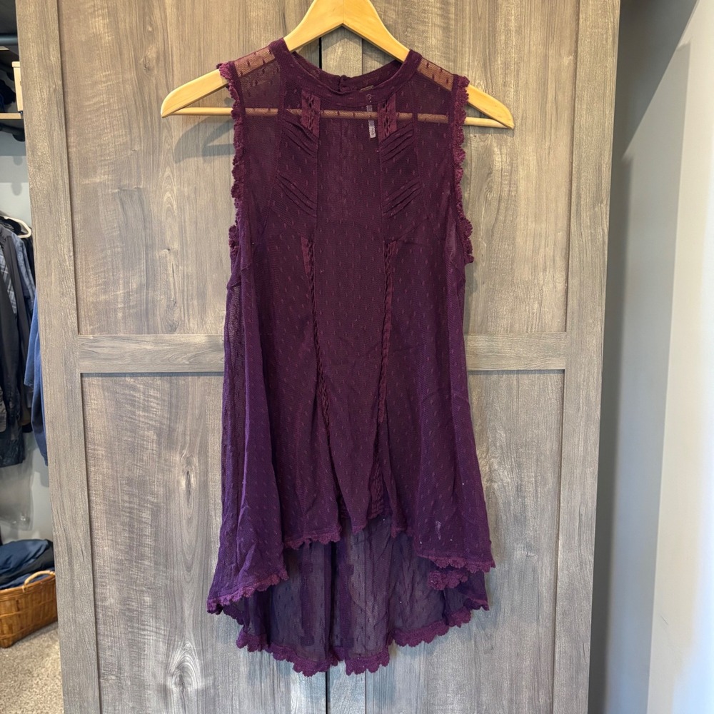 Free People Top Tunic Plum Purple Sheer Mesh Lace High Low Sleeveless Medium